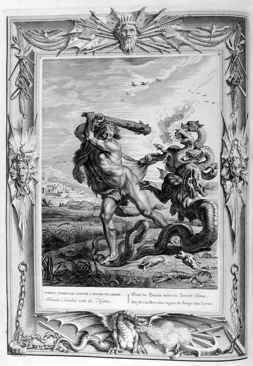 Hercules bekæmper den lerniske hydra, 1733 af Bernard Picart