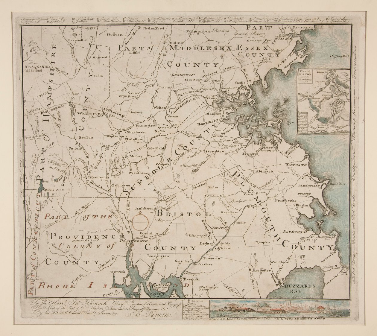 Kort over Boston og Omegn, ca. 1775 af Bernard Romans