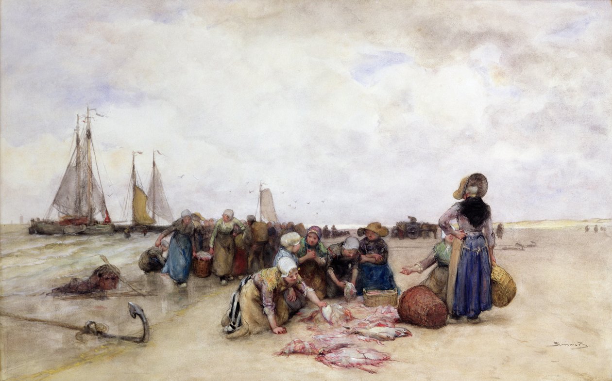 Fiskeudsalg på stranden (wc og blyant på papir) af Bernardus Johannes Blommers or Bloomers