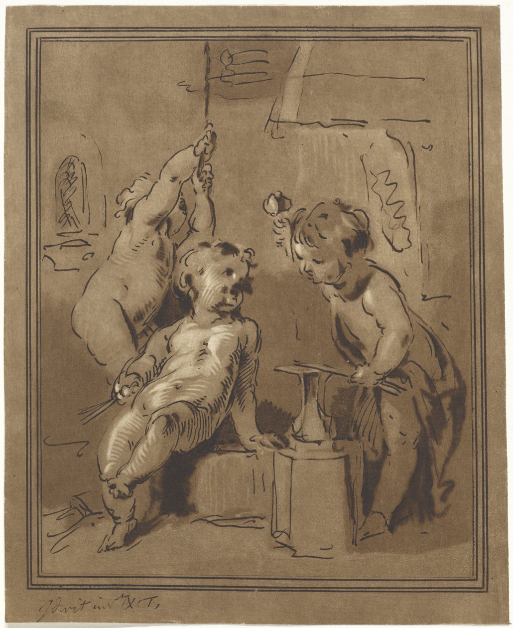 Tre putti ved en ambolt af Bernhard Schreuder