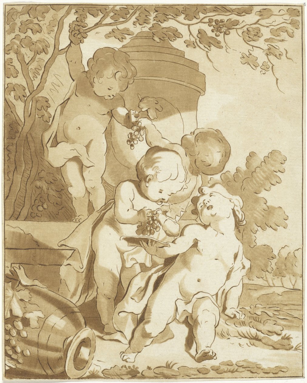 Fire drueplukkerputti ved en vase af Bernhard Schreuder