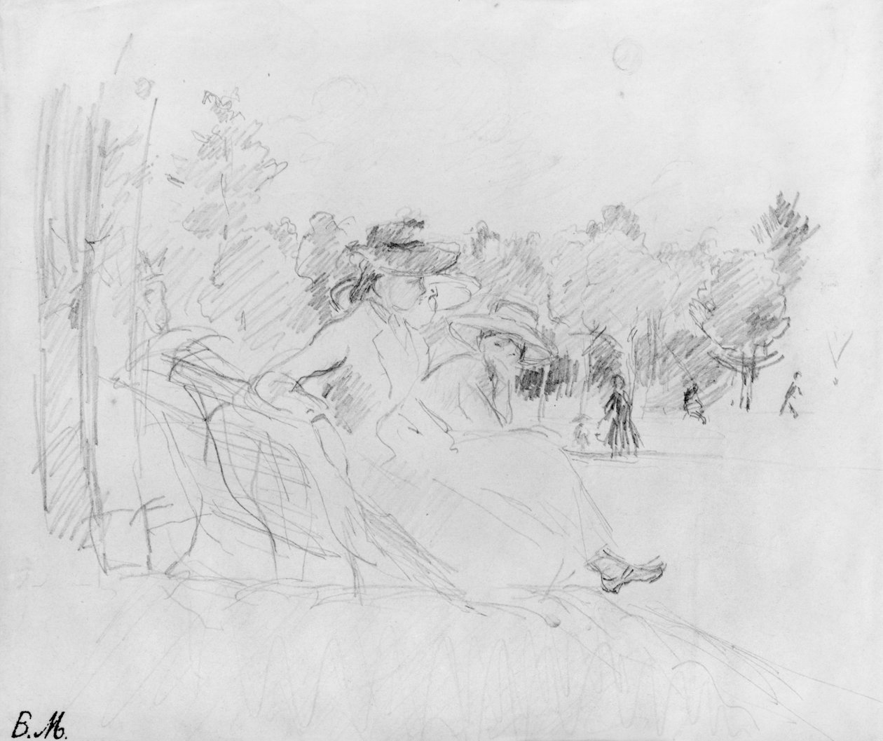 Ved Bois de Boulogne, 1888 (sort bly på papir) af Berthe Morisot