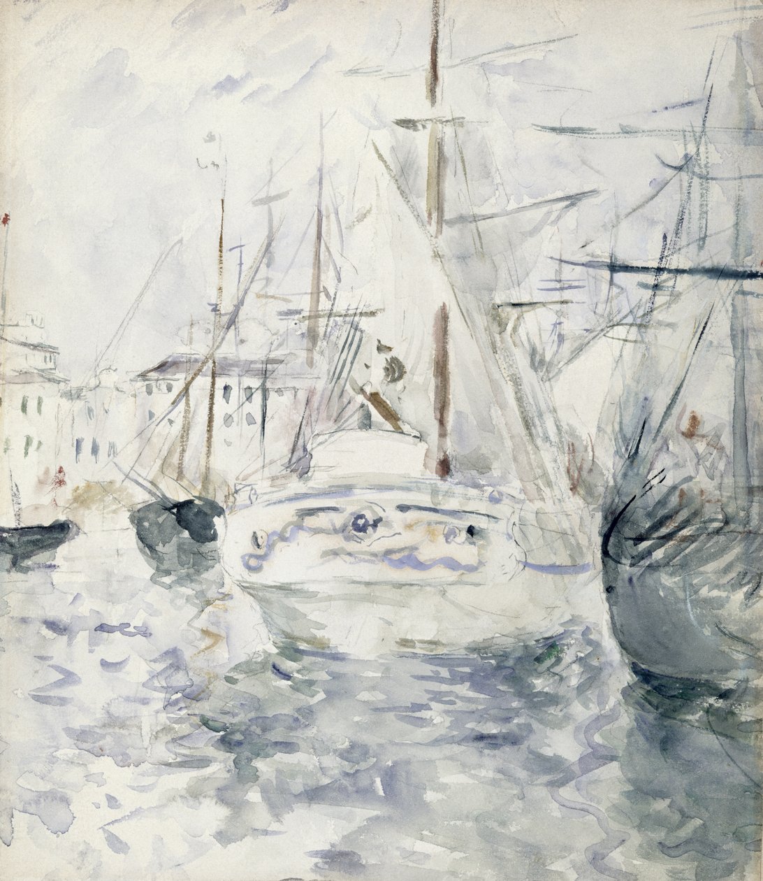 Hvid båd i havnen, Nice, 1881 (wc på papir) af Berthe Morisot