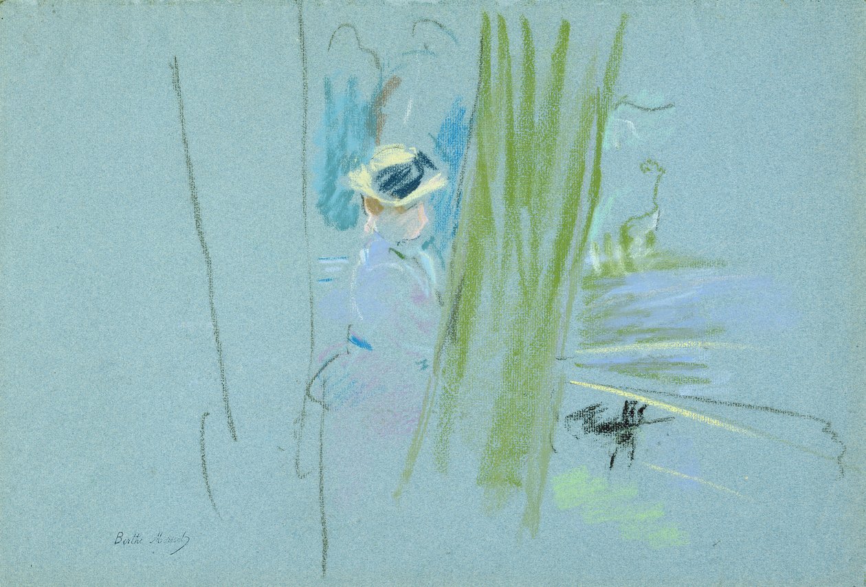Kvinde, der fisker ved en sø, 1885 (pastel på papir) af Berthe Morisot
