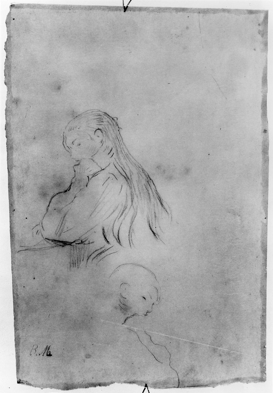 Ung pige, der skriver, 1891 (kul på papir) af Berthe Morisot