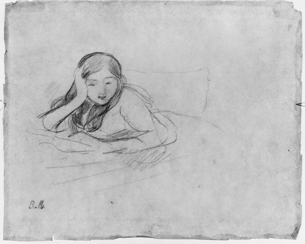 Ung pige læser, 1889 (sort bly på papir) af Berthe Morisot