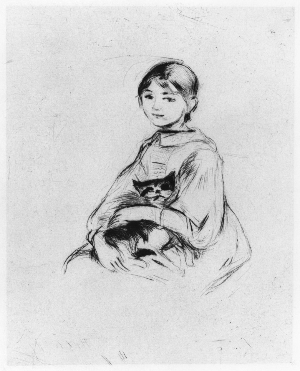 Ung pige med kat, 1889 (tørpunkt) af Berthe Morisot
