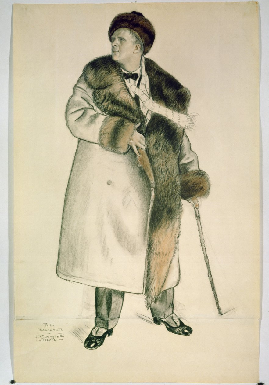 Portræt af operasangeren Feodor Ivanovich Chaliapin (1873-1938) 1920-21 (kul og wc på papir) af Boris Mikhailovich Kustodiev