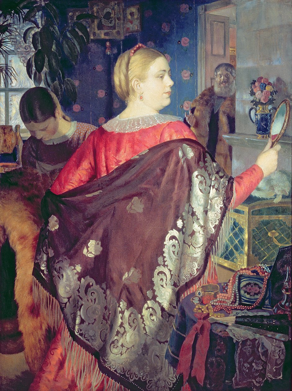 Købmandskvinde med et spejl af Boris Mikhailovich Kustodiev