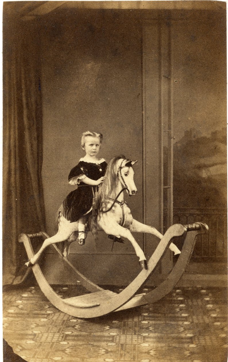 Ung pige på stor gyngehest, 1860