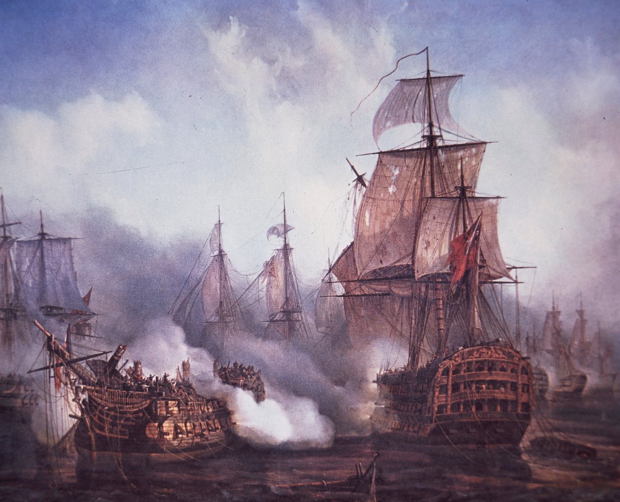 Slaget ved Trafalgar i 1805 (farve litho) af British School