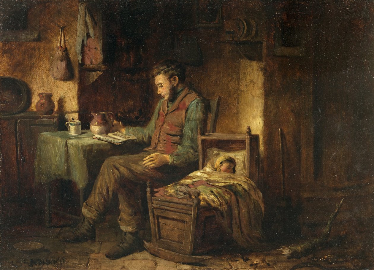 Domestic Scene, ca. 1850 (olie på lærred) af British School