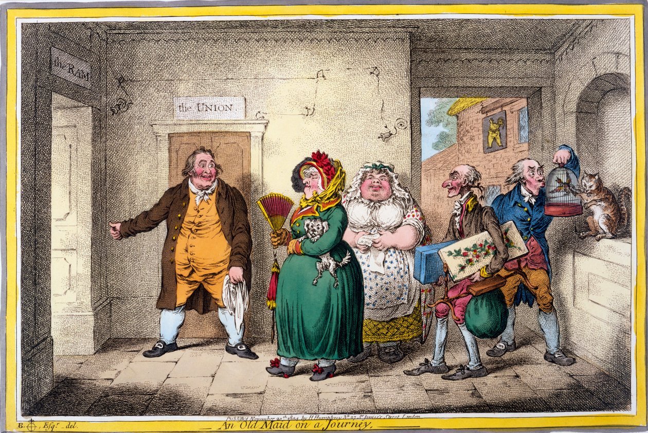 An Old Maid on a Journey, tryk lavet af James Gillray, 1804 (håndfarvet gravering) af Brownlow North