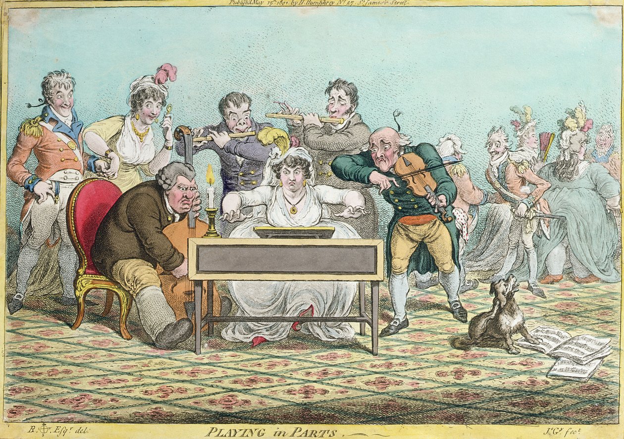 Playing in Parts, ætset af James Gillray (1757-1815) udgivet af Hannah Humphrey i 1801 (håndfarvet radering) af Brownlow North