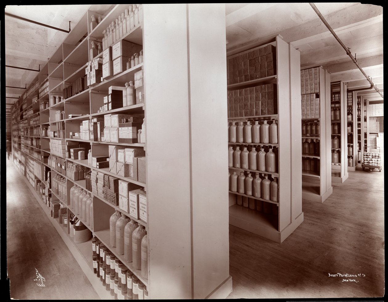 Indvendigt billede af et kemisk lagerrum i Parke, Davis und Co., kemikere, Hudson und Vestry Streets, New York, 1910 (sølv gelatinetryk) af Byron Company