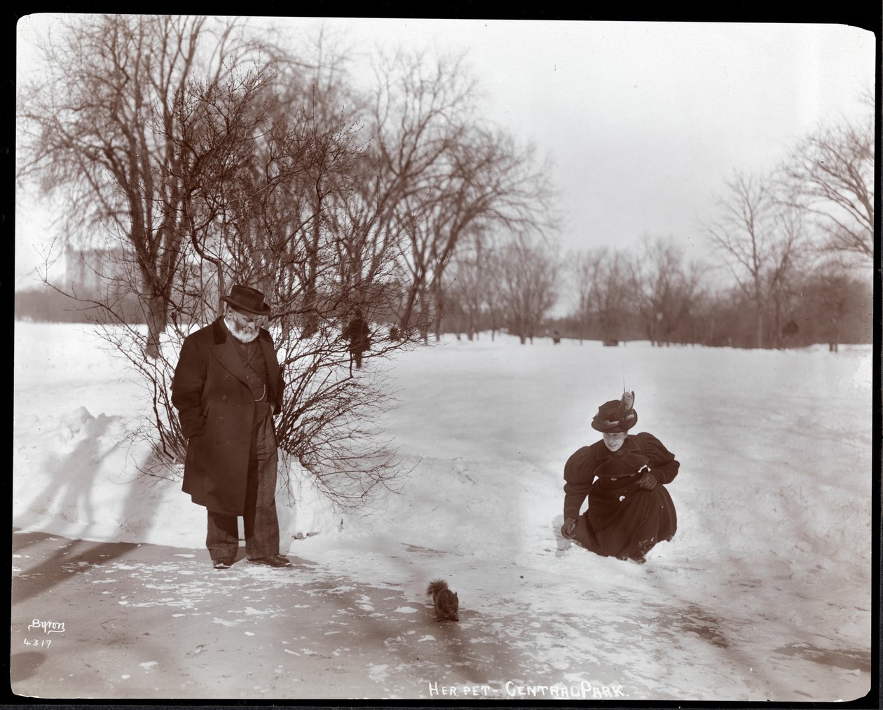 Udsigt af en kvinde, der fodrer et egern, mens en mand ser på i sneen i Central Park, New York, 1898 (sølv gelatinetryk) af Byron Company