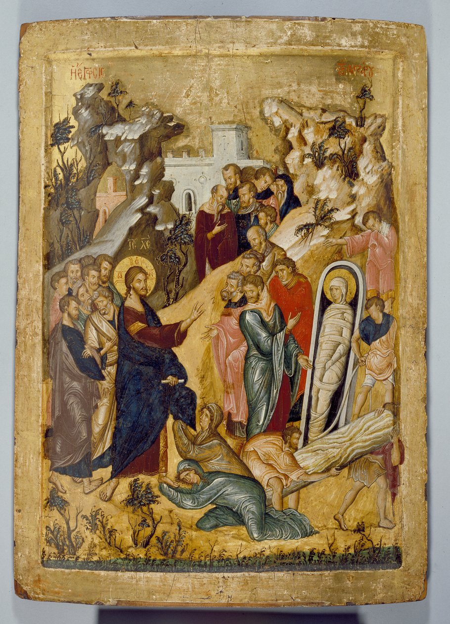 The Raising of Lazarus, 1300-tallet (tempera og bladguld på panel) af Byzantine
