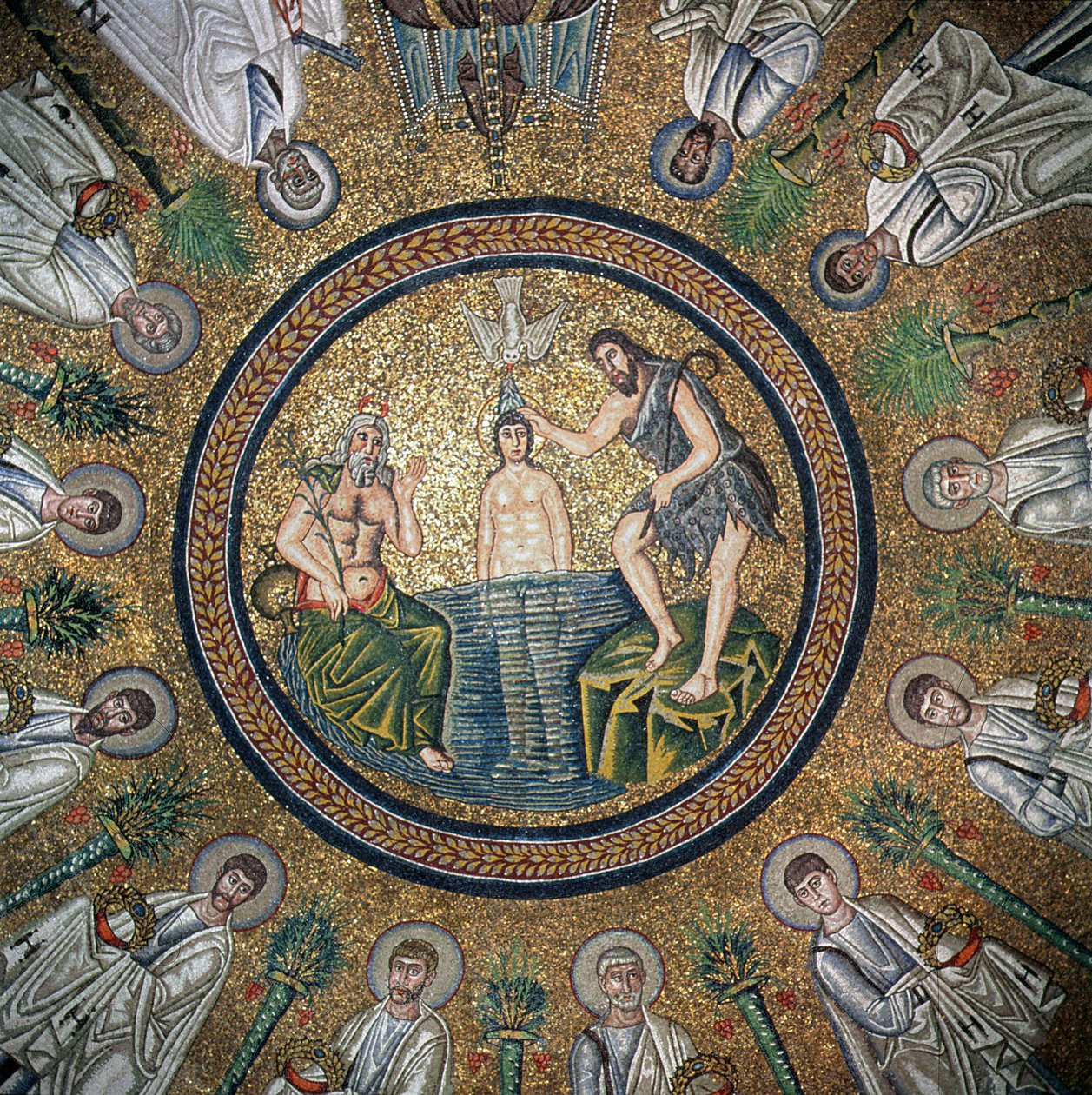 Kristi dåb, omgivet af de tolv apostle (mosaik) af Byzantine School