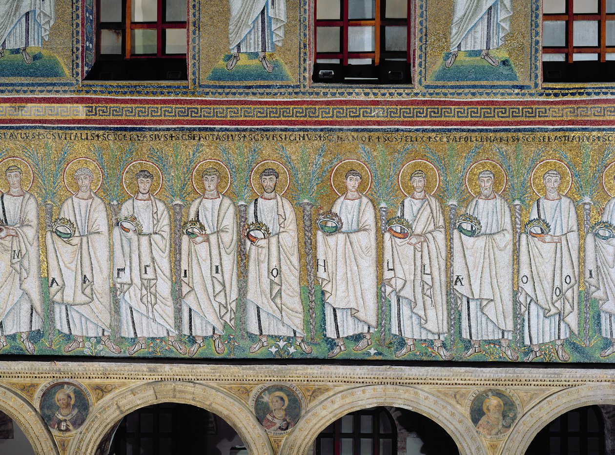 Gruppe af helgener og martyrer (mosaik) af Byzantine School