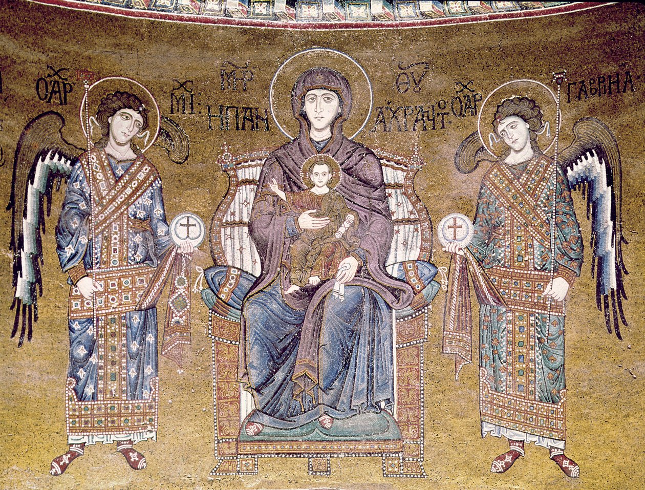 Jomfruen og barnet troner mellem to engle, fra apsis (mosaik) af Byzantine School