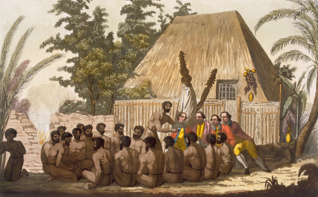 Et offer før kaptajn Cook, der anerkender ham som en inkarnation af guden Lomo, januar 1779, indgraveret af Angelo Biasioli af C. Bottigella
