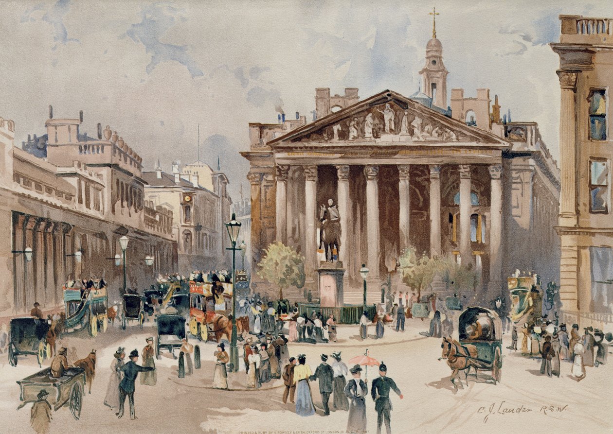 Udsigt over Royal Exchange, City of London, pub. af G. Rowney, 1897 (kromolitografi) af C. J. Lander