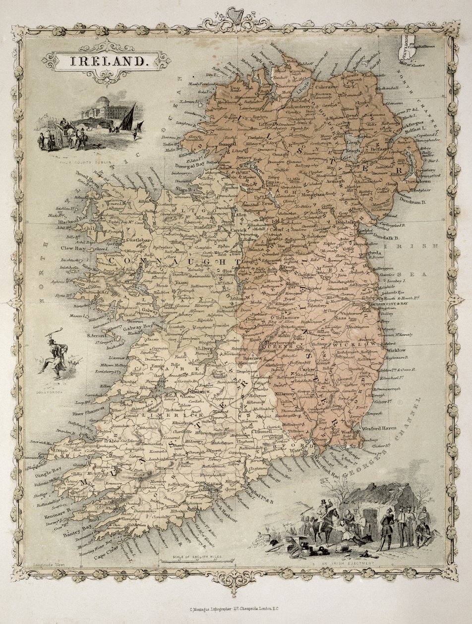 Kort over Irland, udgivet omkring 1850 (håndkoloreret stik) af C. Montague