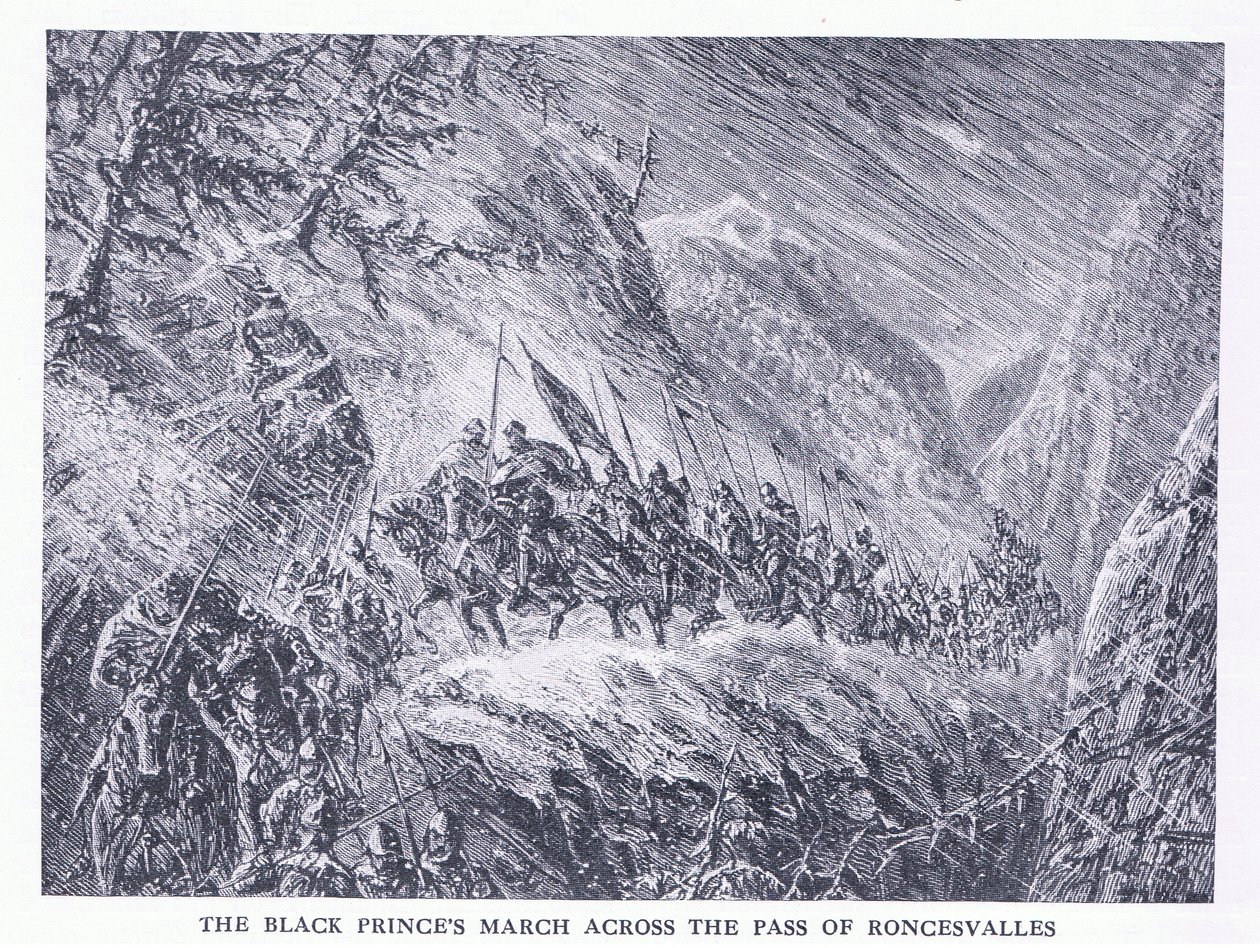 De sorte prinser marcherer over passet Roncesvalles fra Cassells History of the British People udgivet af Waverley Book Company Limited, ca. 1940 af C.O. Murray