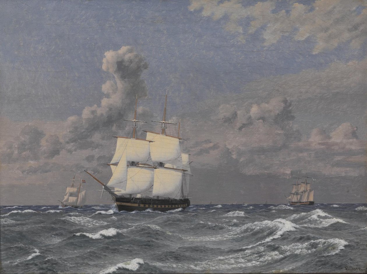 En fregat og nogle andre skibe på krydstogt af Christoffer Wilhelm Eckersberg