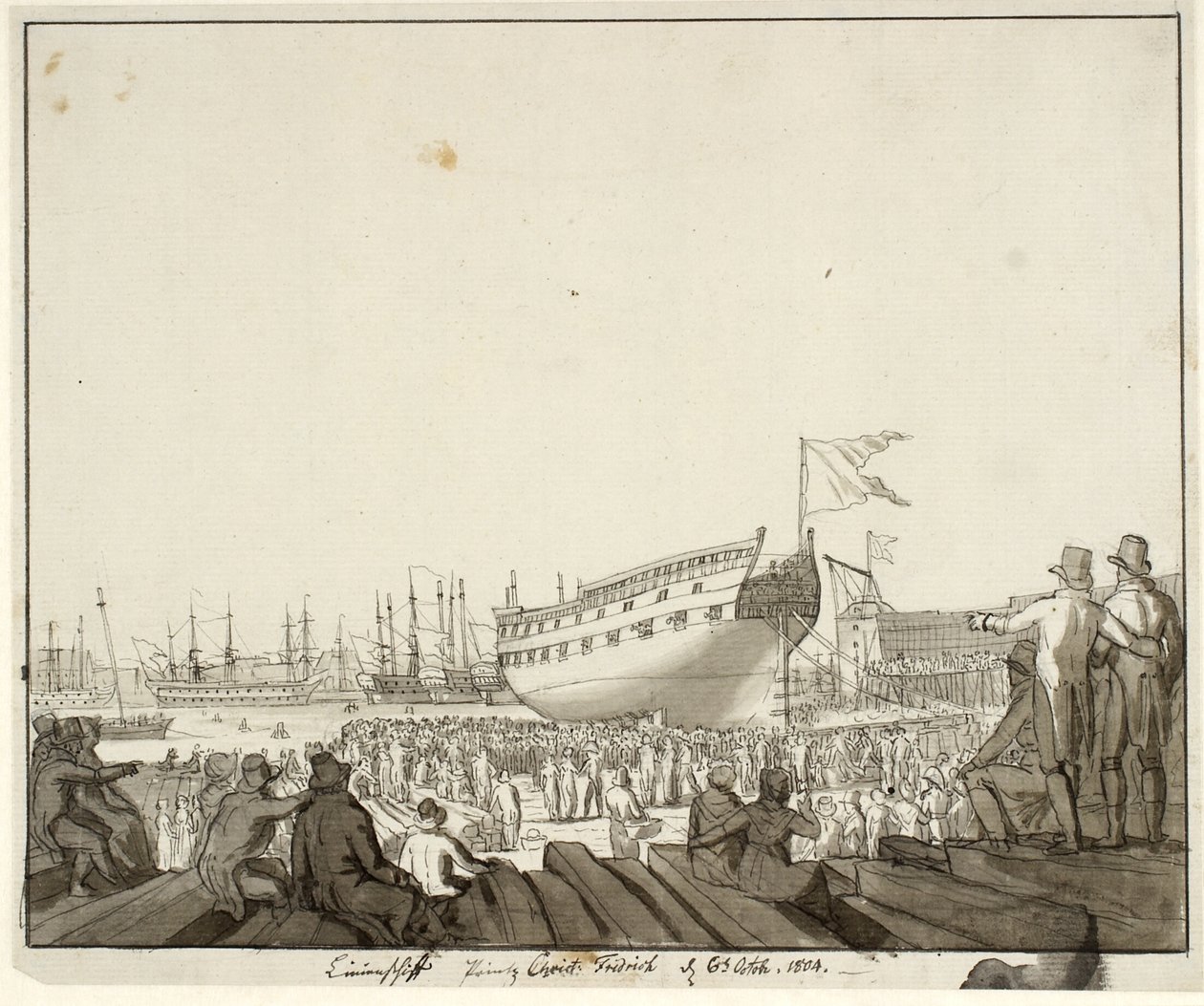 Linieskibet Prins Christian Frederik løber af stabelen af Christoffer Wilhelm Eckersberg
