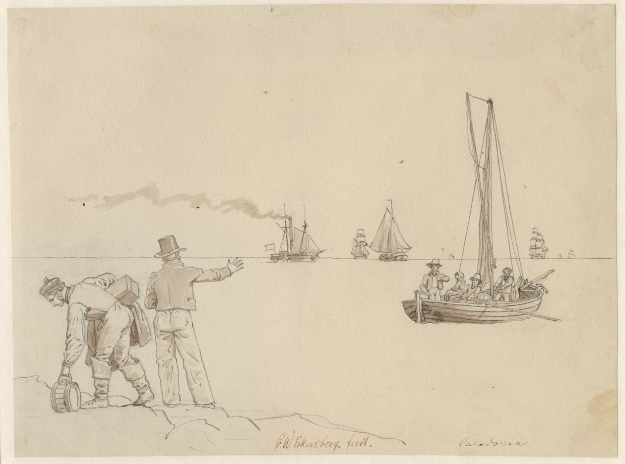 Passagerer sættes ud til Dampskibet Caledonia. af Christoffer Wilhelm Eckersberg