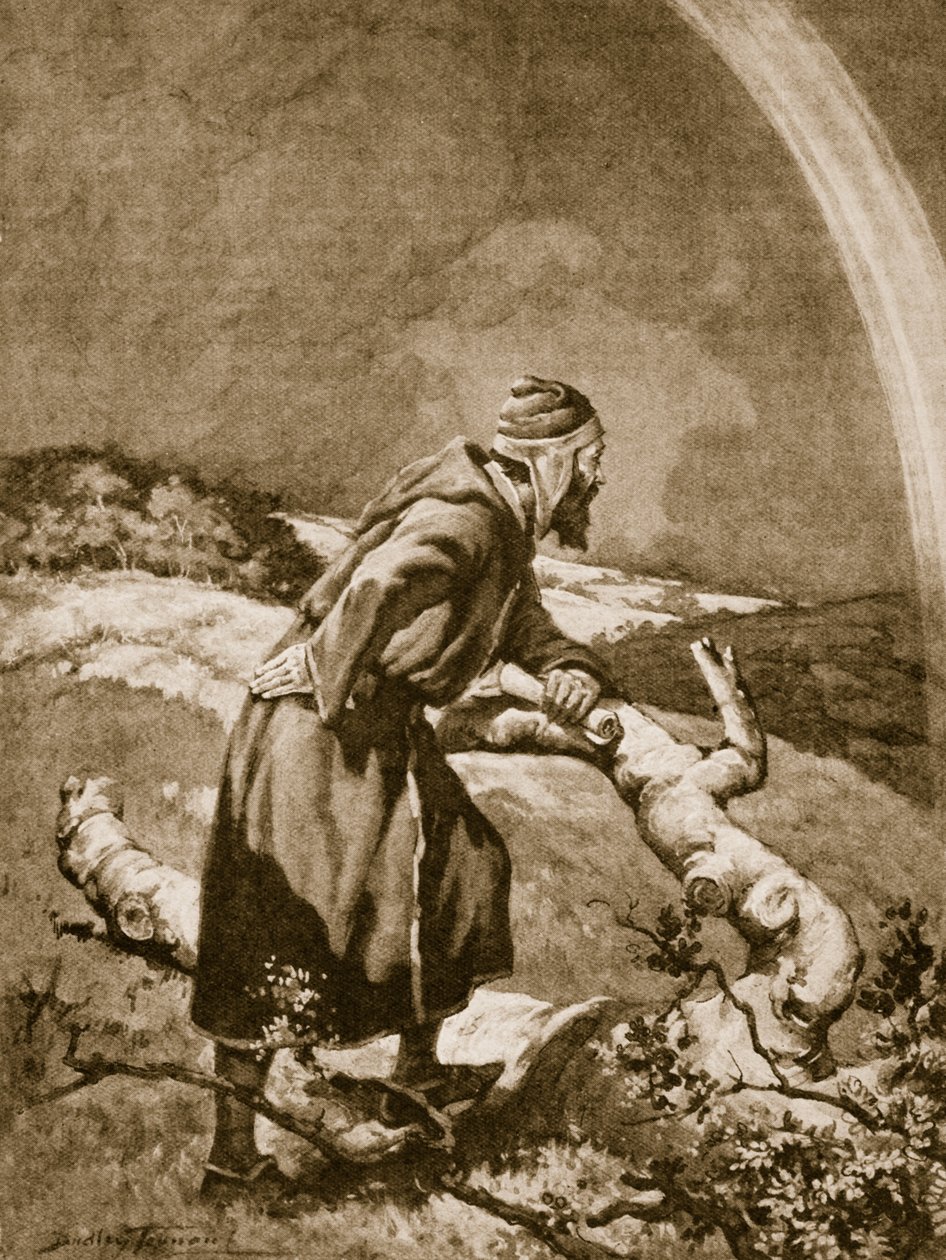 Roger Bacon studerer en regnbue (litho) af C. Dudley Tennant