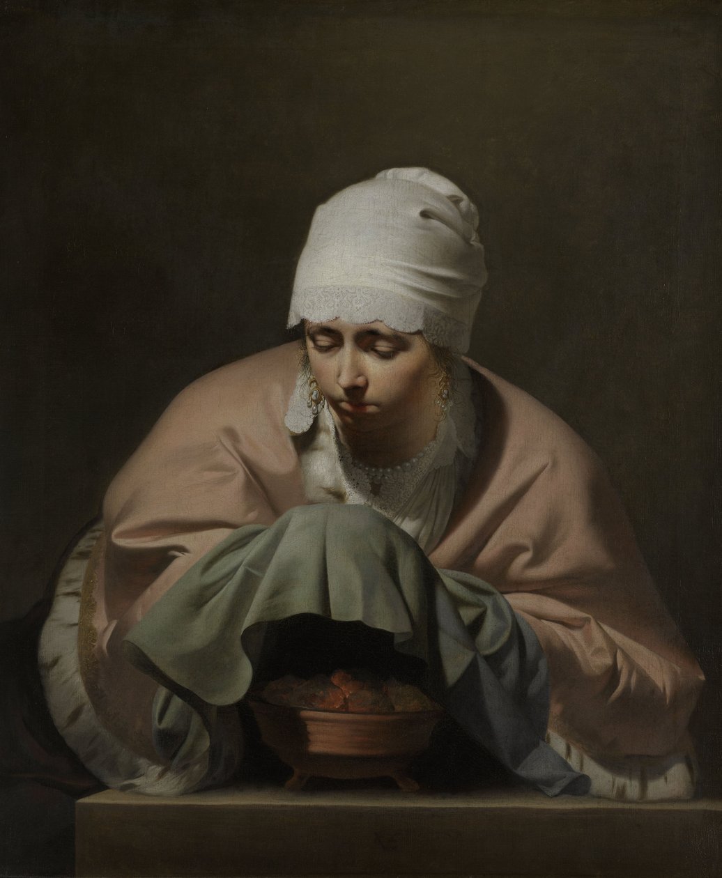 Ung kvinde, der varmer sine hænder over en brazier af Cesar Boetius van Everdingen