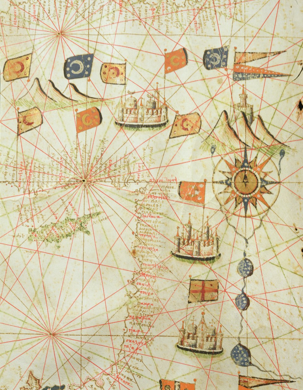 Kysten i Tyrkiet og Cypern, fra et nautisk atlas over Middelhavet og Mellemøsten (blæk på vellum) af Calopodio da Candia