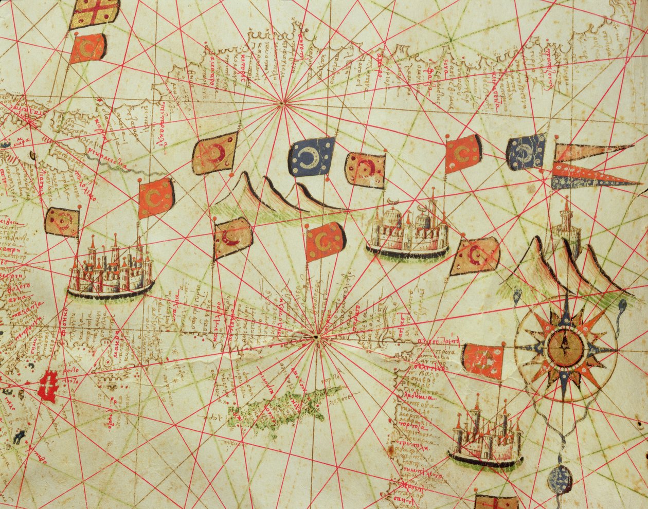 Kysten i Tyrkiet og Cypern, fra et nautisk atlas over Middelhavet og Mellemøsten (blæk på vellum) af Calopodio da Candia