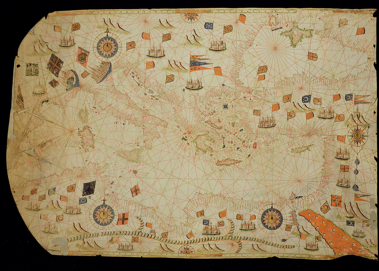 Hele Middelhavsbassinet, fra et søkort (blæk på vellum) af Calopodio da Candia
