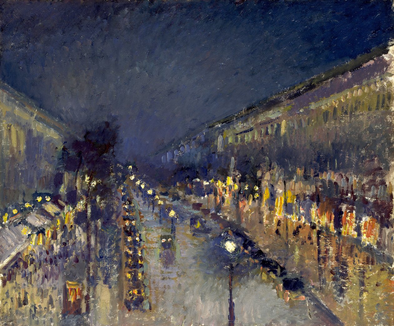 Boulevard Montmartre om natten af Camille Jacob Pissarro