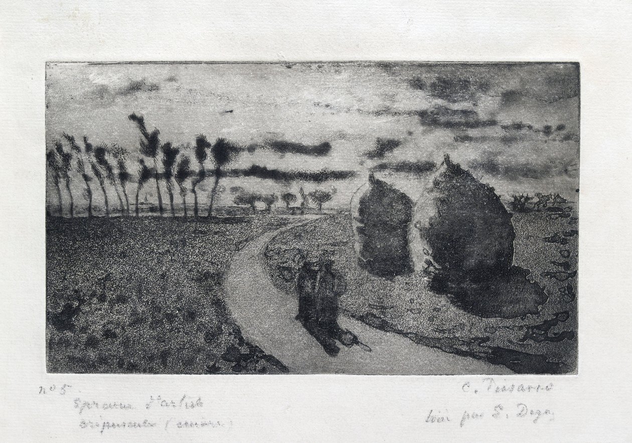 Twilight with Haystacks, 1879 af Camille Pissarro