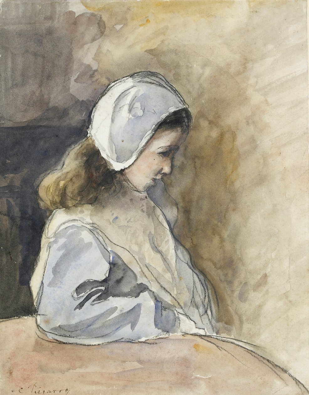 Jeanne-Rachel Pissarro siddende ved et bord, c1872 af Camille Pissarro