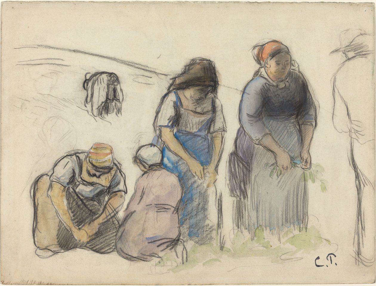 Ærtehøstere [recto], ca. 1880. af Camille Pissarro