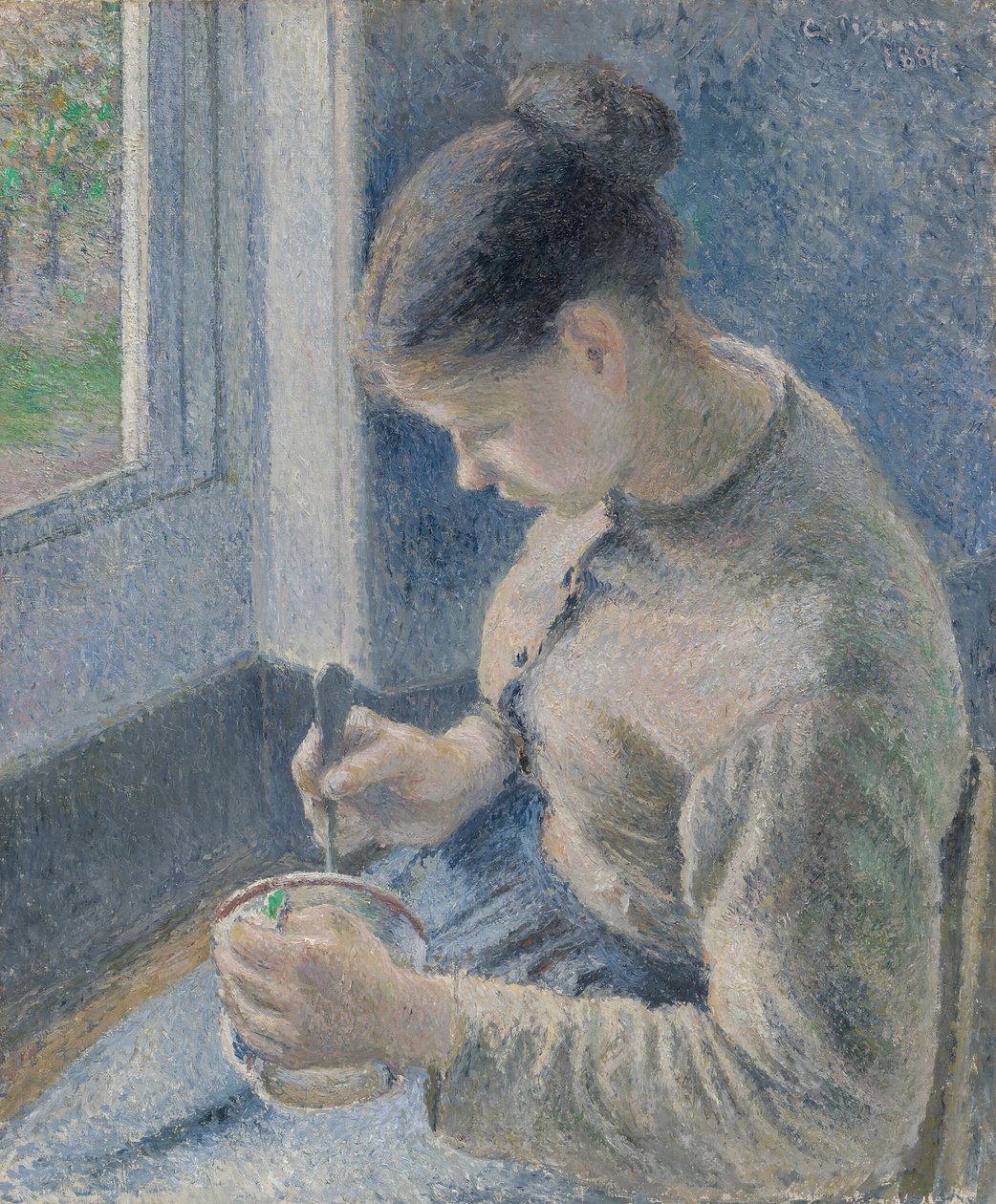 Ung bonde drikker sin kaffe, 1881. af Camille Pissarro