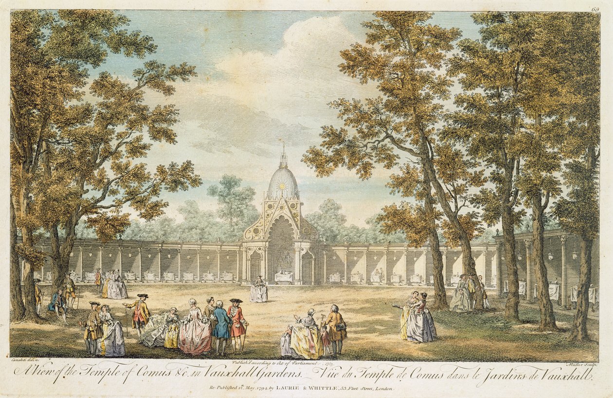En udsigt over Comus-templet ved Vauxhall Gardens, indgraveret af Muller, genudgivet 1794 af Canaleti
