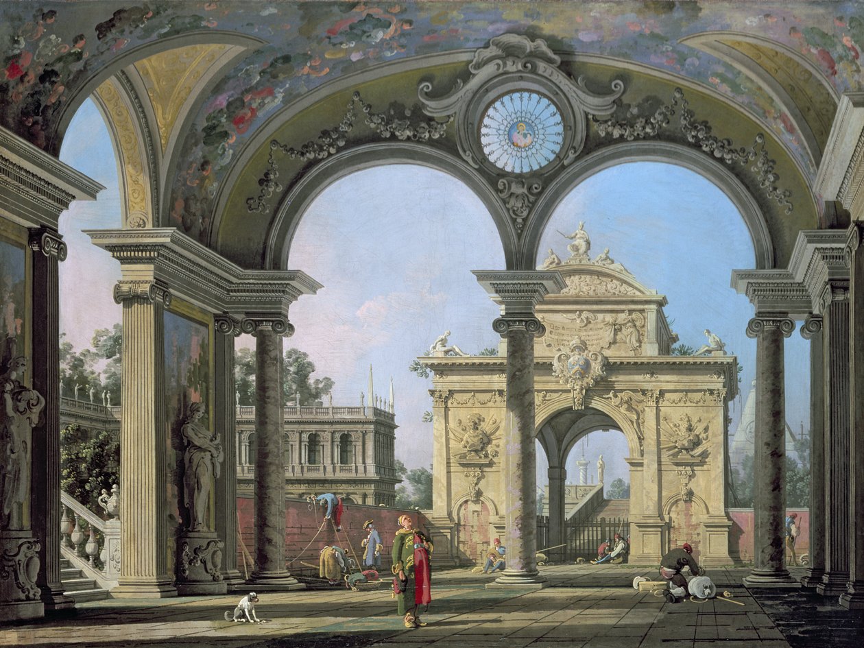 Capriccio af en triumfbue set gennem en udsmykket buegang, ca. 1750 af Giovanni Antonio Canal