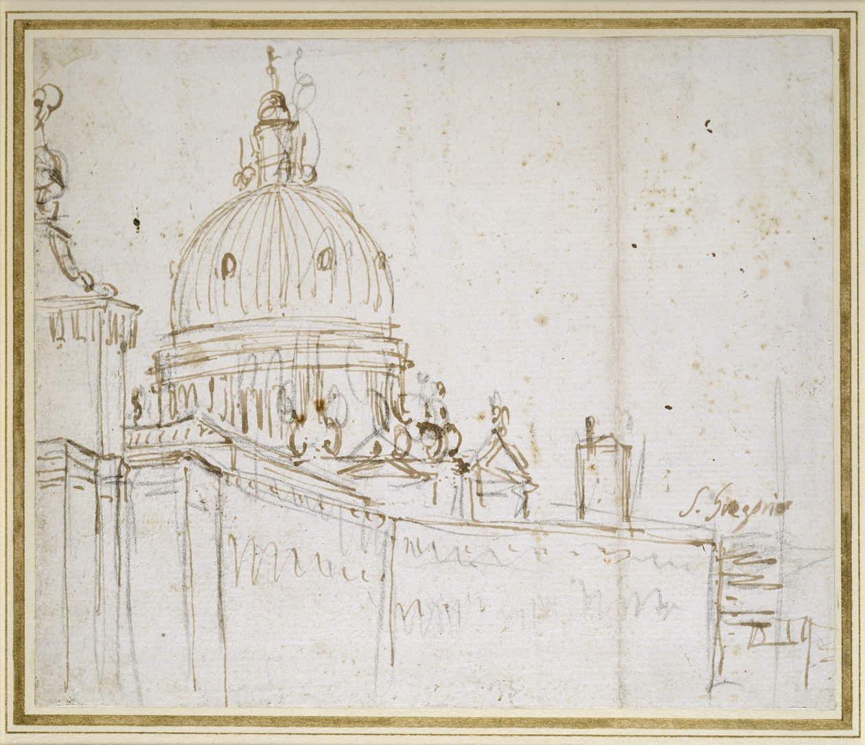 Venedig: Dogana di Mare og S. Maria della Salute (pen og brunt blæk over sort kridt) af Giovanni Antonio Canal