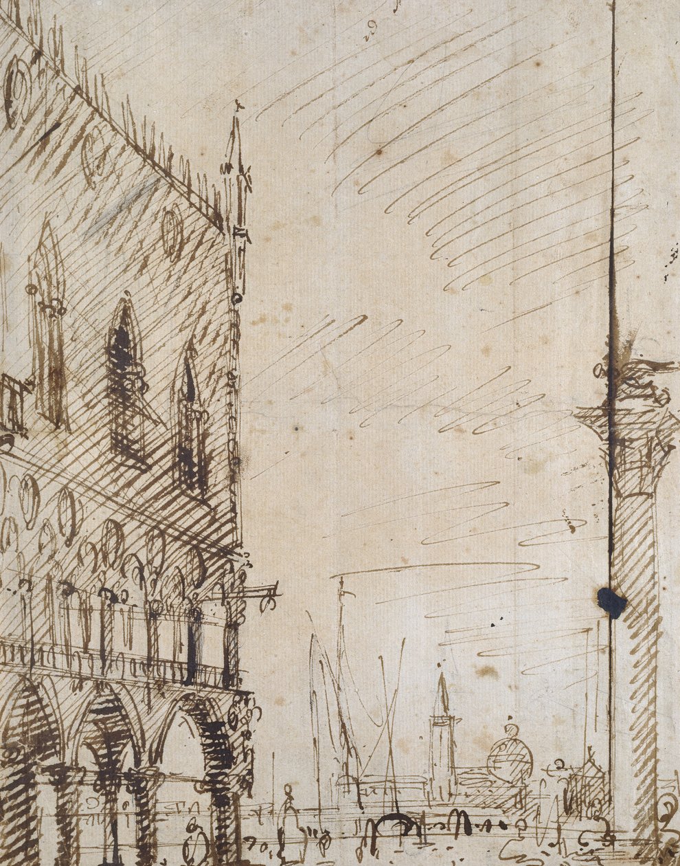 Venedig: Dogepaladsets sydvestlige vinkel (Pen og brun blæk over svage konturer i sort kridt) af Giovanni Antonio Canal