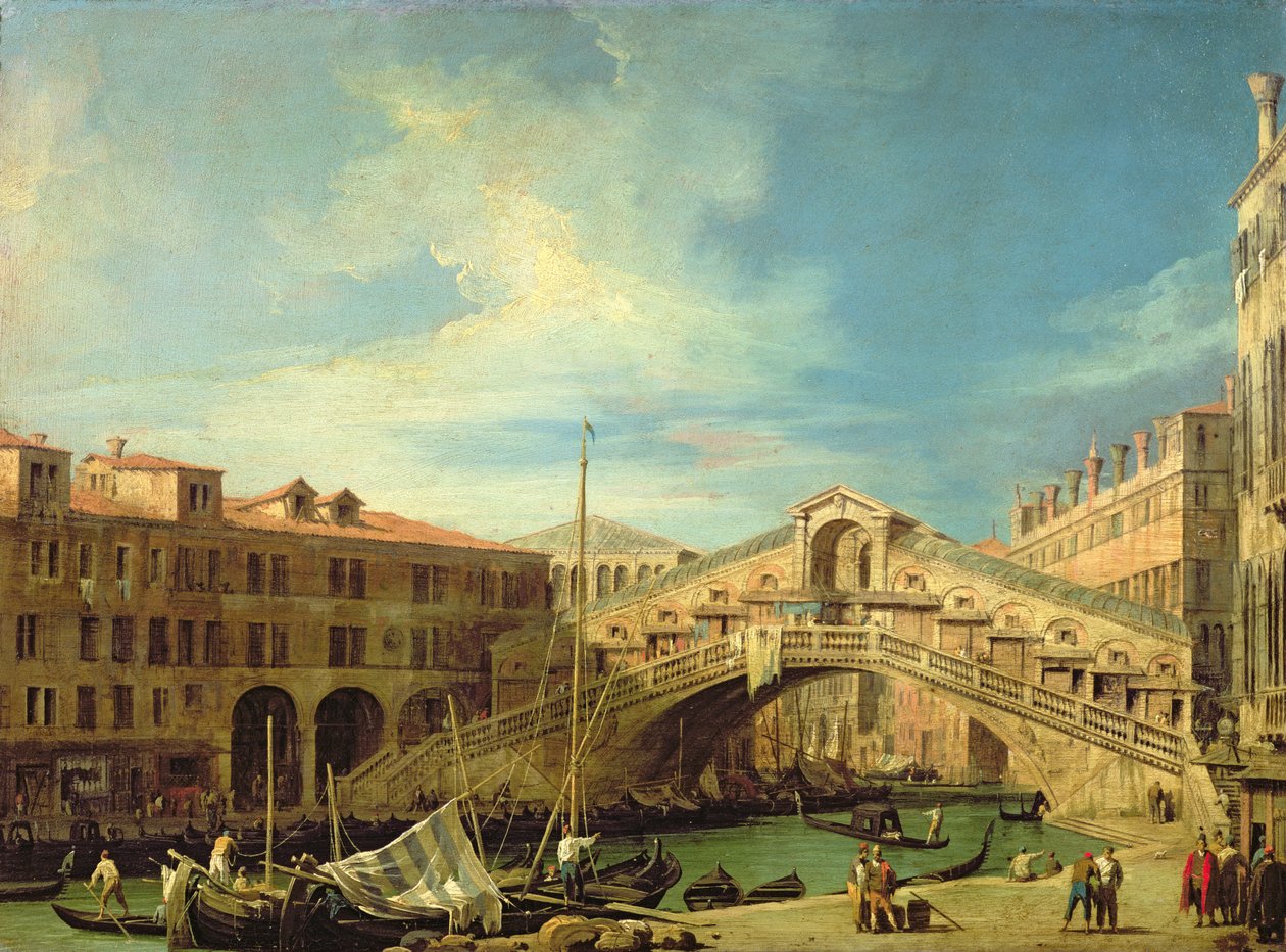 Udsigt over Rialto ved Venedig (Udsigt over Rialtobroen fra syd) (olie på kobber) af Giovanni Antonio Canal