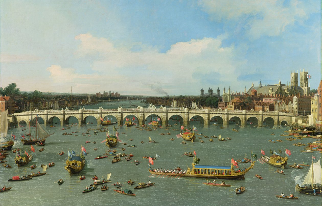 Westminster Bridge, London, med Lord Mayors procession på Themsen (detalje af 118509) af Giovanni Antonio Canal