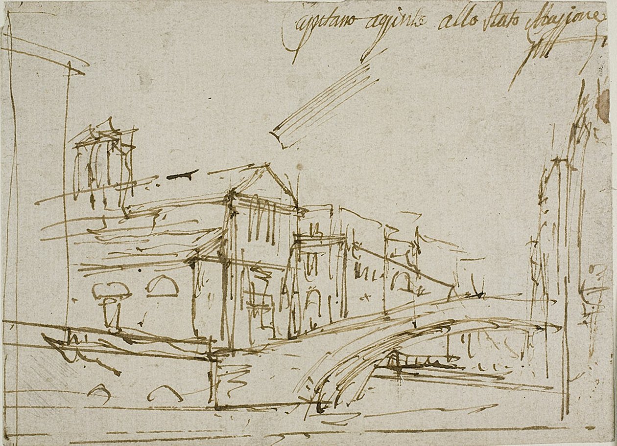 En bro nær en kirke i Venedig af Canaletto