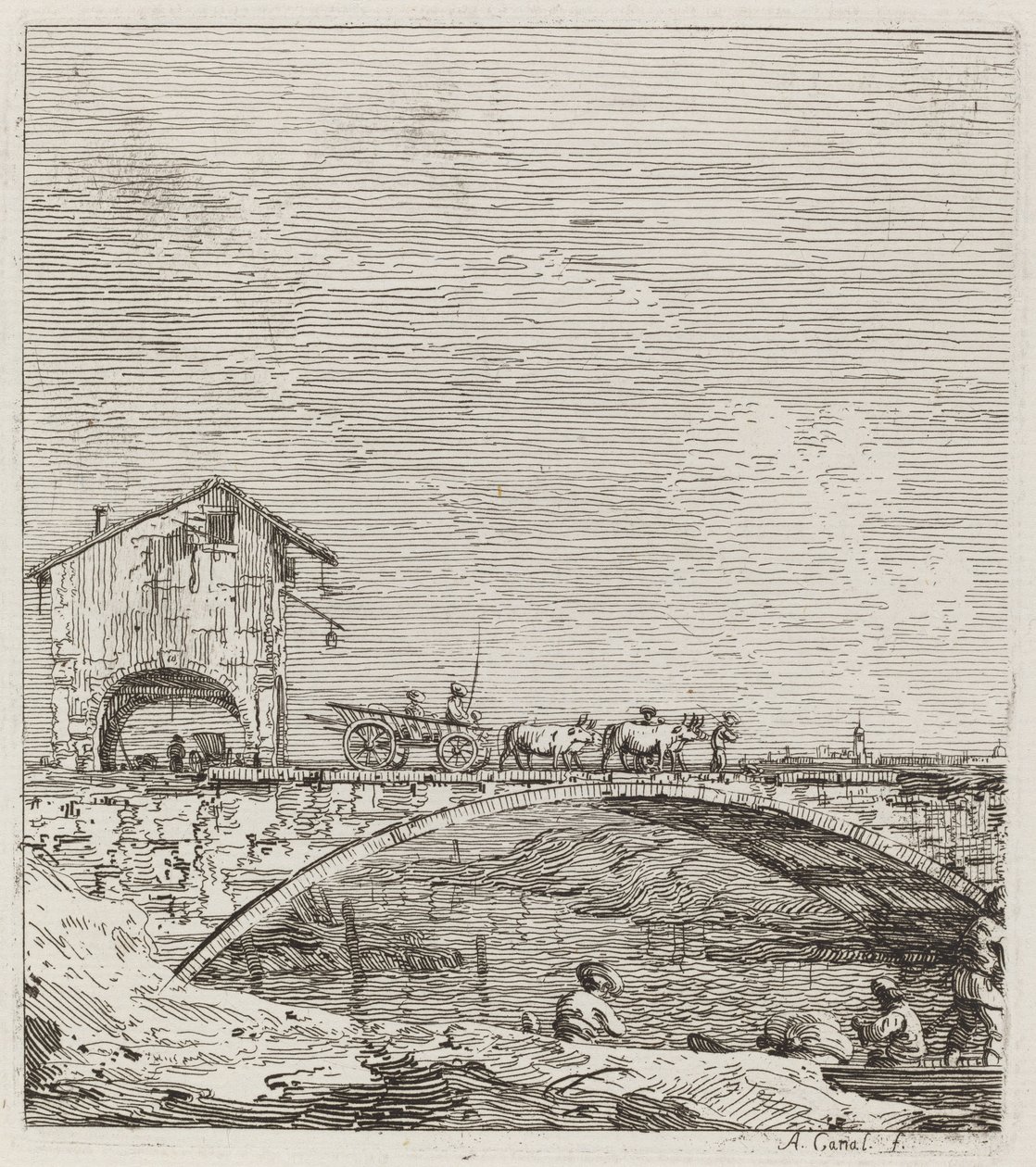 Vognen, der passerer over en bro, ca. 17351746. af Canaletto
