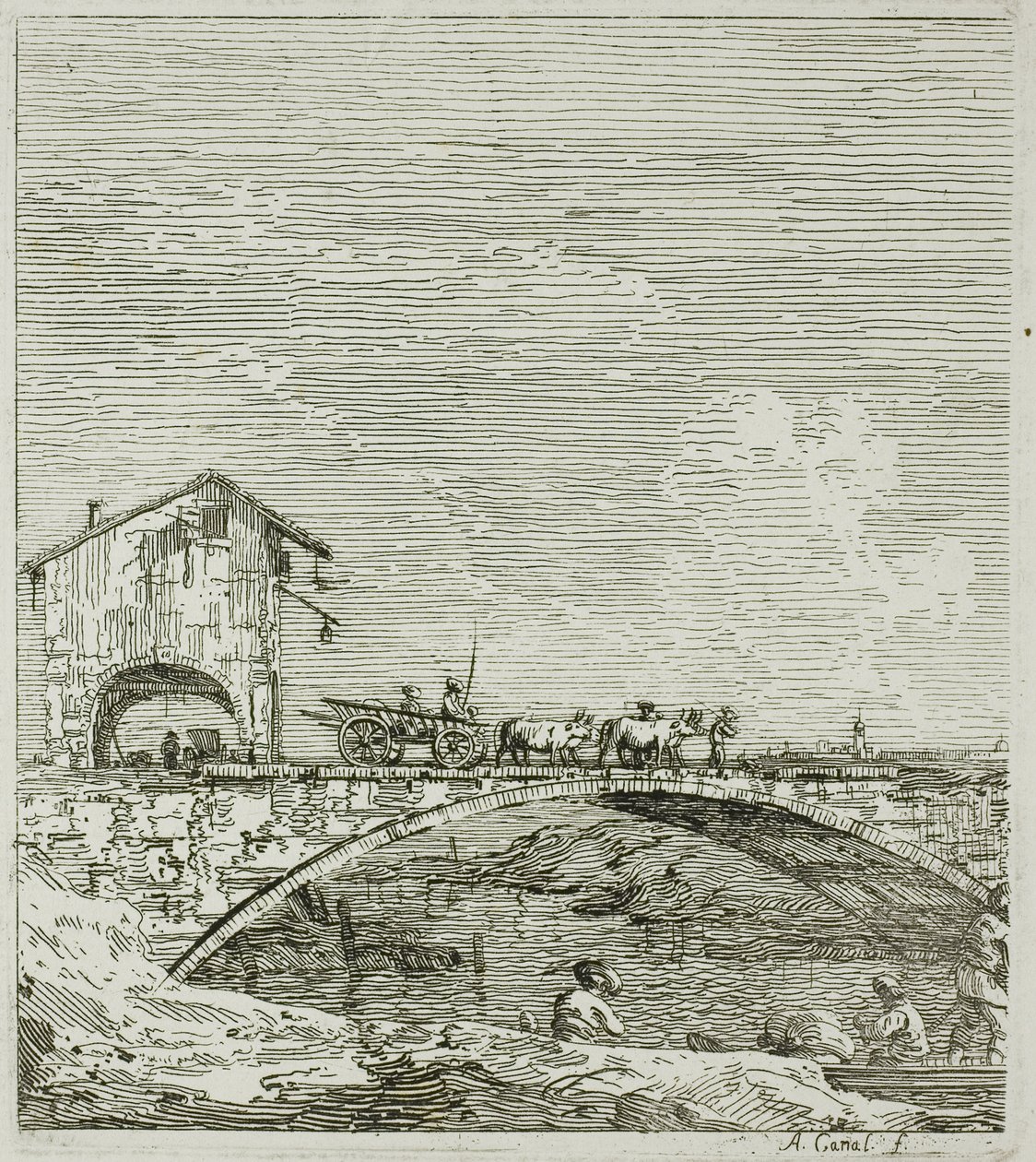 Vognen, der går over en bro, fra Vedute af Canaletto